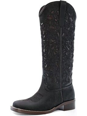 Women's Cowgirl Boots Cut Out Floral Black Embroidered Boots Low Block Heel